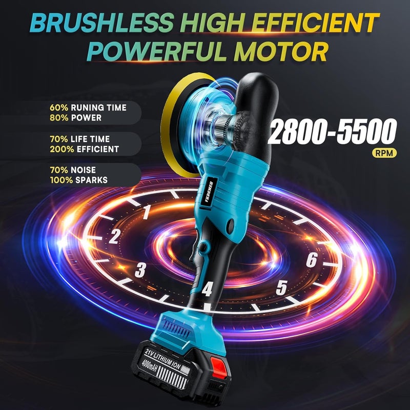 Vkdemer مُعزز مُلمع السيارة اللاسلكي مع بطارية 21V 2×4000mAh، مجموعة مُلمع بدون فرش 6 إنش، مُلمع مداري 600W مع 6 سرعات متغيرة لتفاصيل السيارة، تلميع وإزالة الخدوش - Image 3